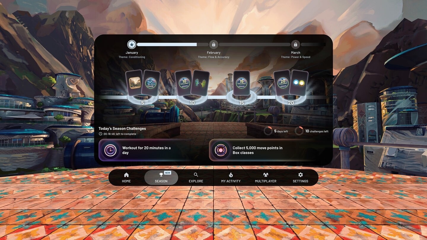 FitXR's redesigned user interface showing the seasonal content and workout selection